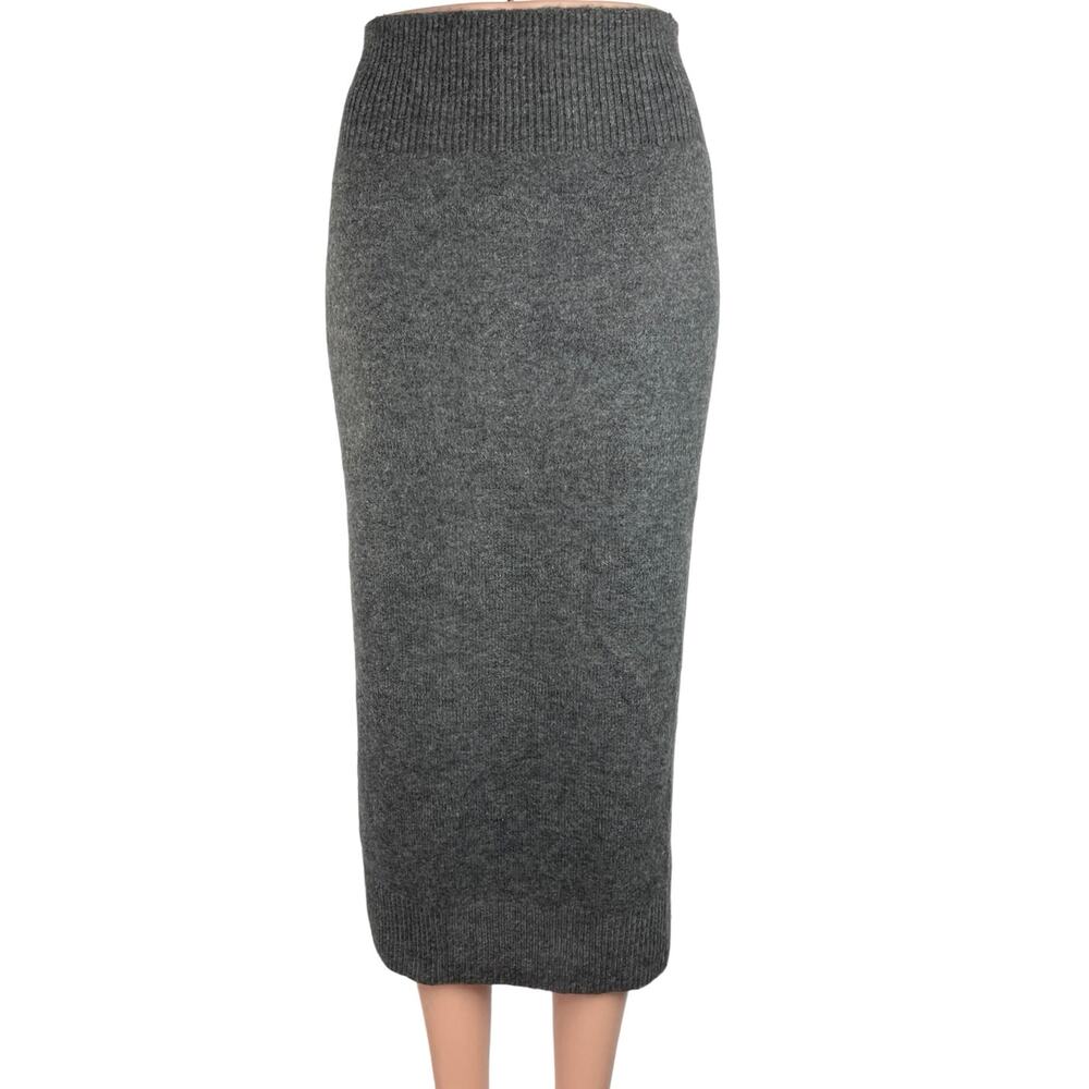 MNG Dark Gray High Waisted Wool Blend Knit Pull On Pencil Midi Skirt Size S